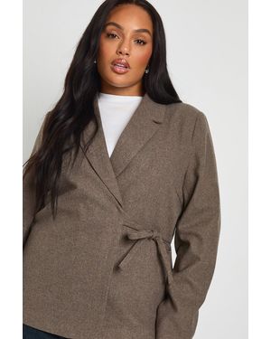 Boohoo Plus Tie Detail Wool Look Blazer - Brown