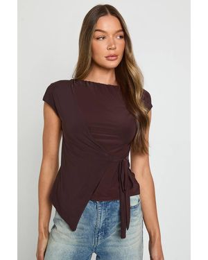 Boohoo Double Layer Slinky Boat Neck Top With Wrap Tie Detail - Brown
