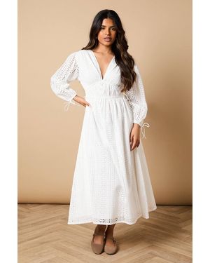 Oasis Petite Broderie Tie Front Puff Sleeve Midi Dress - Natural