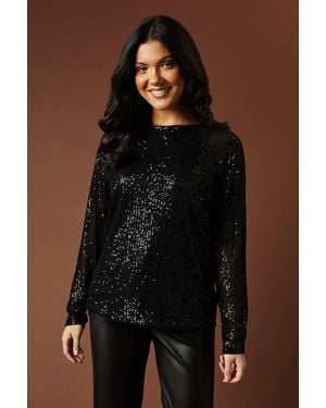 Oasis Sequin Chiffon Bow Back Top - Brown