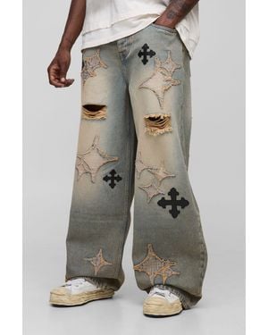 Boohoo Tall Distressed Applique Tinted Baggy Fit Jeans - Gris