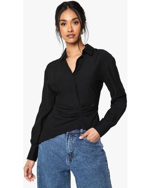Boohoo Linen Look Wrap Blouse - Blue