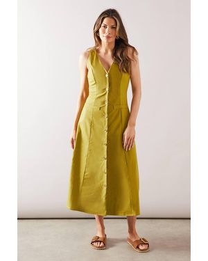 Wallis Linen Mix Button Through Midi Dress - Yellow