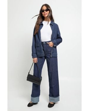 Boohoo High Waist Striped Turn Up Wide Leg Jean - Blue