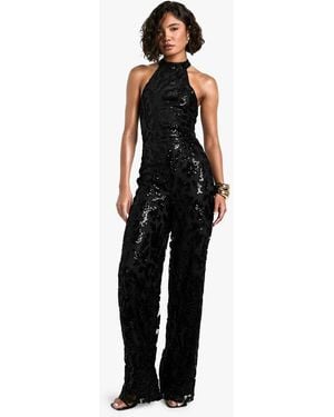 Boohoo Tall Damask Wide Leg Halterneck Jumpsuit - Black
