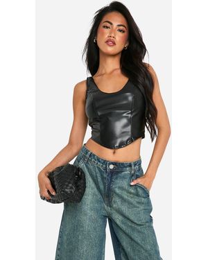 Boohoo Pu Scoop Seam Detail Corset Top - Black