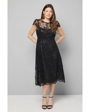 Wallis Embroidered Mesh Fit And Flare Midi Dress - Black