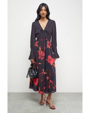 Oasis Mixed Print Chiffon Tie Detail Midi Tea Dress - Multicolor
