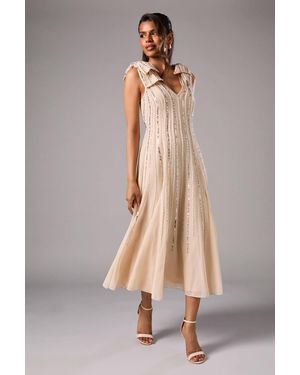 Coast Petite Bow Shoulder Embellished Midi Dress - Natural