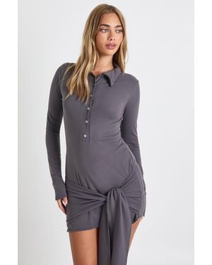 Boohoo Ultra Soft Touch Ruched Button Down Wrap Shirt Dress - Purple