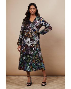 Oasis Occasion Floral Sequin Wrap Midi Dress - Blue