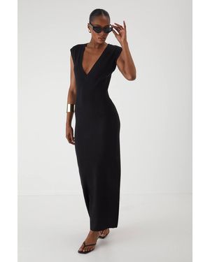 MissPap Rib Knit Plunge Sleeveless Tank Fitted Maxi Dress - Black