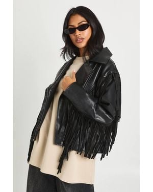 Boohoo Fringe Detail Faux Leather Biker Jacket - Red