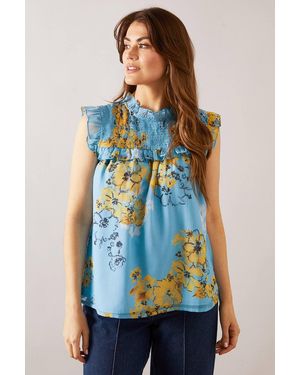 Wallis Printed Woven Shirred Blouse - Blue