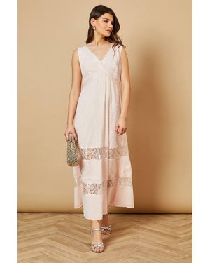 Oasis Dobby Chiffon Lace Insert Midi Dress - Natural
