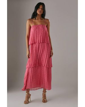 Warehouse Chiffon Pleated Tier Strappy Midi Dress - Red