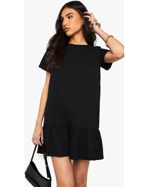Boohoo Cotton Ruffle Dropped Hem Smock Dress - Black