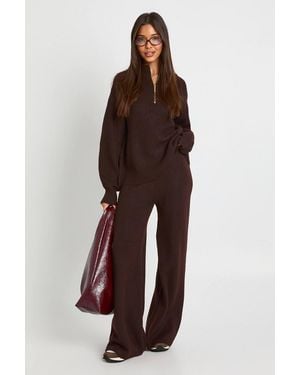 Boohoo Super Soft Zip Neck Oversized Sweater And Wide Leg Trouser Co-Ord - Brown
