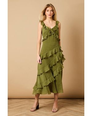 Oasis Dobby Ruffle V Neck Tiered Midi Dress - Green