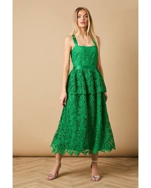 Oasis Cross Strap Tiered Lace Midi Dress - Green