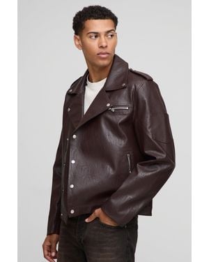 Boohoo Boxy Fit Pu Biker Jacket - Brown