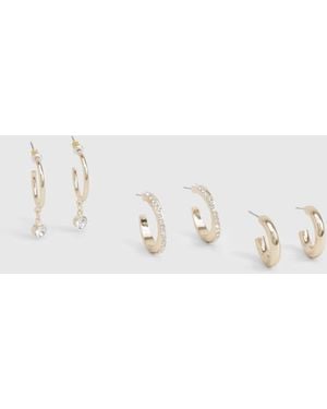 Boohoo Diamante Detail 3 Pack Hoop Earrings - Metallic