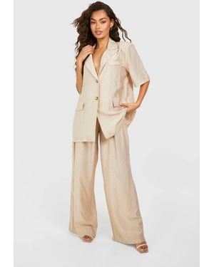 Boohoo Textured Crinkle Relaxed Fit Wide Leg Pants - Natural