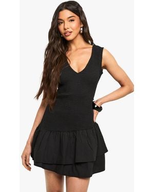 Boohoo Cotton Shirred Ruffle Mini Dress - Black