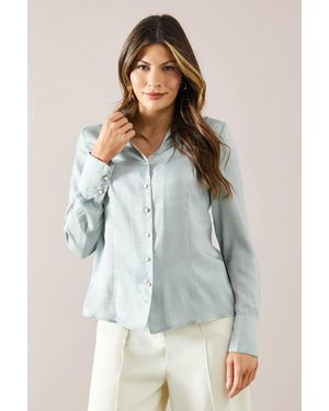 Wallis Hammered Satin V Neck Blouse - Blue