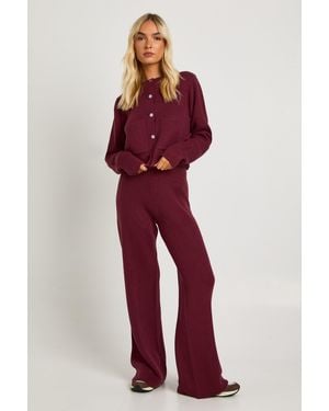 Boohoo Pocket Detail Crew Neck Knitted Cardigan And Wide Leg Trouser - Red