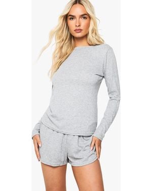 Boohoo Pointelle Long Sleeve Top And Short Pyjama Set - White