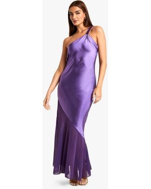 Boohoo Asymmetric Satin And Chiffon Mix Maxi Dress - Purple