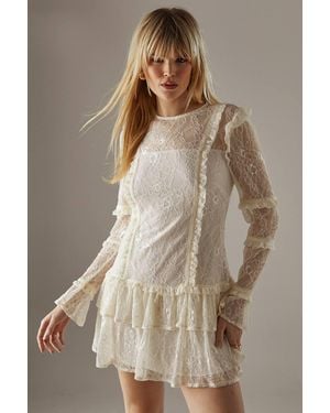 Warehouse Lace Ruffle Insert Mini Dress - Brown