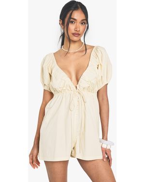 Boohoo Cotton Poplin Puff Sleeve Playsuit - White