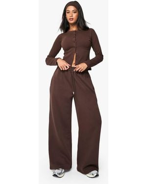 Boohoo Rib Button Through Long Sleeve Top Tracksuit - Brown