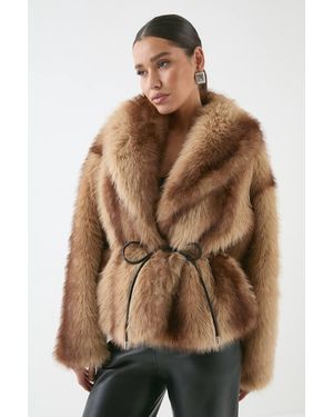 MissPap Faux Fur Wide Collar Belted Jacket - Brown