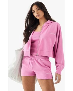 DSGN Studio Embroidered Zip Through Boxy Crop Hoodie - Pink