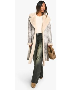 Boohoo Vintage Look Longline Belted Aviator Jacket - Natural
