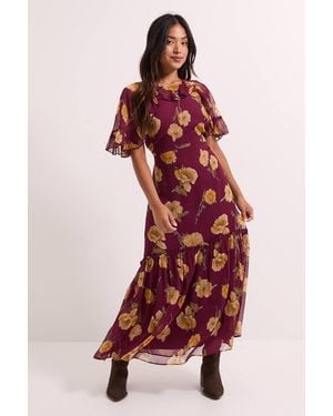 Dorothy Perkins Petite Frill Cape Sleeve Tiered Printed Chiffon Midi Dress