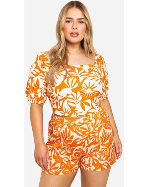 Boohoo Plus Abstract Print Tie Back Detail Milkmaid Top - Orange