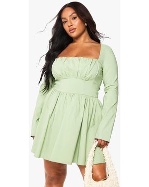 Boohoo Plus Plunge Corset Detail Long Sleeve Skater Dress in Green | Lyst
