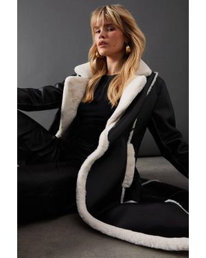Warehouse Contrast Faux Leather Edge To Edge Aviator Jacket - Black