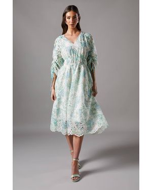 Coast Printed Broderie Ruched Sleeve Dress - Gray