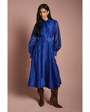 Coast Organza Long Sleeve Midi Shirt Dress With Belt - Blue