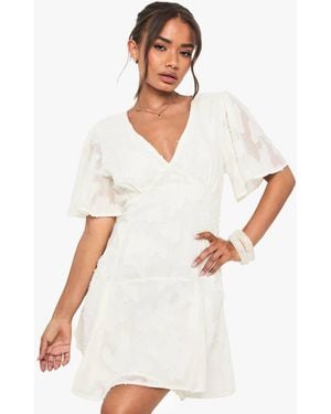 Boohoo Burnout Floral Angel Sleeve Mini Dress - White
