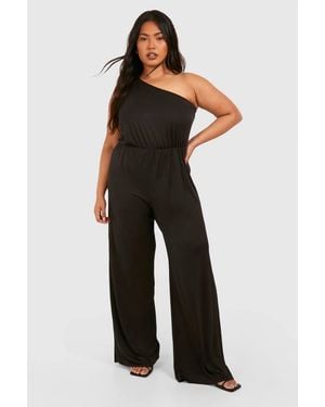 Boohoo Plus Super Soft Basic One Shoulder Beach Jumpsuit - Black