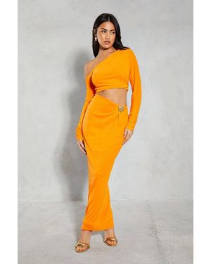 MissPap Mesh Hammered Trim Off Shoulder Maxi Dress - Orange