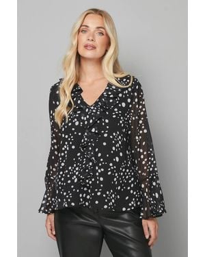 Wallis Petite Spot Ruffle Blouse - Gray