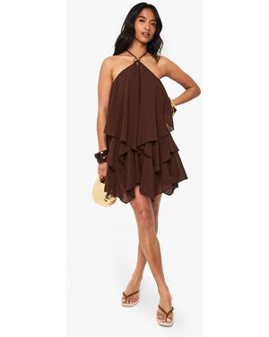 Boohoo Petite Halterneck Trim Tiered Mini Dress - Brown