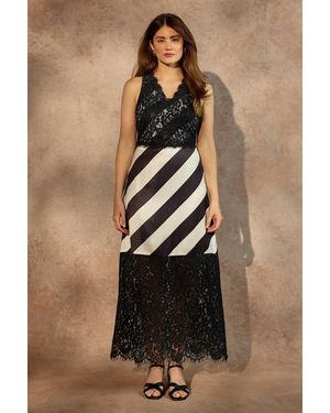Wallis Satin Stripe Lace Panel Maxi Dress - Black
